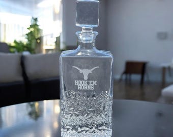 Engraved Sand Carved University of Texas Decanter, UT Longhorn Graduation Gift, Dad Gift, Fathers Day Gift, Deep-Etched Glass, Hook em Horns