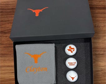 University of Texas Personalized Embroidered Golf Towel and UV Printed Golf Balls Box Set, Longhorn Fan, Graduation Gift, Hook 'em Horns