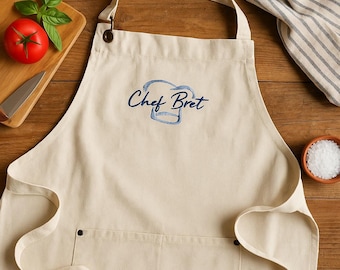 Personalized Custom Embroidered Unisex Canvas Apron with Pockets, Gift For Chefs and Home Cooks, Mother Fathers Day Gift, BBQ Cookout Apron