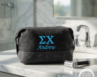 Sigma Chi Personalized Embroidered Waxed Canvas Toiletry Bag, Men's Custom Travel Shaving Kit, Graduation Gift, Sig Chi Dopp Kit