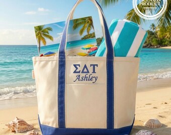Sigma Delta Tau Embroidered Personalized Canvas Tote Bag with Zip Top, Sorority Rush Week Gift, Big Little Sis Bid Day Gift, Custom Tote