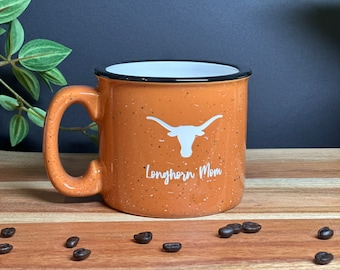 Personalized Sand Carved Deep Etched University of Texas Longhorn Mom Camp Style Coffee Mug, Mothers Day Gift from Kids, Mom Birthday Gift