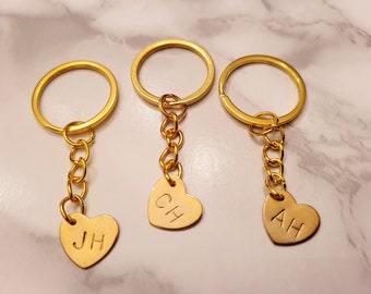 Gold heart keychain - Personalized keychain - Stamped initial- Silver heart  Keychain