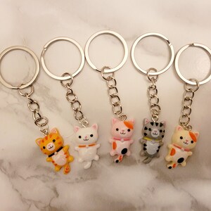 May include: Five silver keyrings with different coloured cat charms. The charms are white, orange, pink, grey, and yellow. Each charm has a different facial expression.