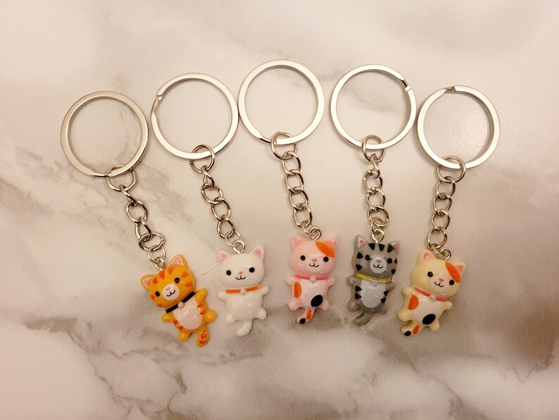 May include: Five silver keyrings with different coloured cat charms. The charms are white, orange, pink, grey, and yellow. Each charm has a different facial expression.