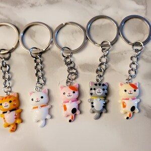 May include: Five silver keyrings with different coloured cat charms. The cats are white, pink, orange, grey, and cream with black spots. Each cat charm has a black collar.