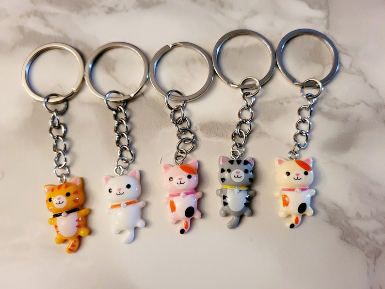 May include: Five silver keyrings with different coloured cat charms. The cats are white, pink, orange, grey, and cream with black spots. Each cat charm has a black collar.