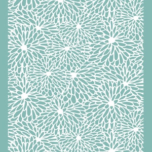 May include: A teal blue silk screen stencil with a white floral pattern. The stencil is 4 inches by 6 inches and is designed for use with polymer clay. The text "SILK SCREEN for polymer clay size 4"x6"" is printed on the right side of the image. The text "use it with acrylic paint wash it, after use it, under cool, running, water - air dary - re-use!" is also printed on the right side of the image. The text "SC-1658" is printed in the bottom right corner of the image.