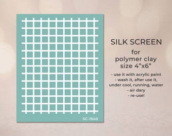 May include: A teal blue silk screen stencil with a grid pattern for polymer clay. The stencil is 4 inches by 6 inches. The text "SILK SCREEN for polymer clay size 4"x6" - use it with acrylic paint - wash it, after use it, under cool, running, water - air dary - re-use!" is printed below the stencil. The stencil is labeled "SC-1940".