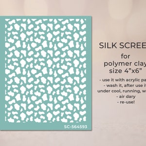 May include: A teal blue silk screen stencil with a white abstract pattern. The stencil is for polymer clay and measures 4 inches by 6 inches. The text "SILK SCREEN for polymer clay size 4"x6"" is printed on the right side of the stencil. The text "use it with acrylic paint wash it, after use it, under cool, running, water - air dary - re-use!" is printed below the size. The text "SC-564593" is printed in the bottom left corner.