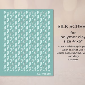 May include: A turquoise blue silk screen stencil with a repeating pattern of white lightning bolts. The stencil is 4 inches by 6 inches and is designed for use with polymer clay. The text "SILK SCREEN for polymer clay size 4"x6"" is printed in black on the right side of the image. The text "SC-406681" is printed in black at the bottom of the image.