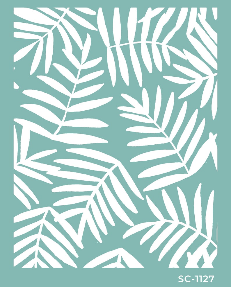 May include: A teal blue background with a white silhouette of palm leaves. The leaves are arranged in a repeating pattern. The text "SC-1127" is in the bottom right corner.