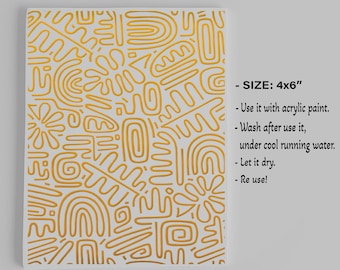 May include: A white canvas painting with a gold abstract pattern. The canvas is 4 inches by 6 inches. The text on the canvas reads "SIZE: 4x6".