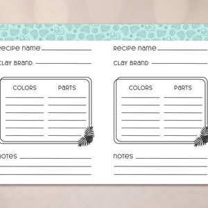 May include: Printable recipe card with a tropical theme. The card has sections for the recipe name, clay brand, colors, parts, and notes.
