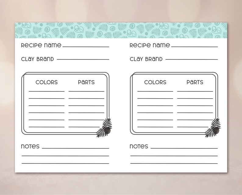 May include: Printable recipe card with a tropical theme. The card has sections for the recipe name, clay brand, colors, parts, and notes.