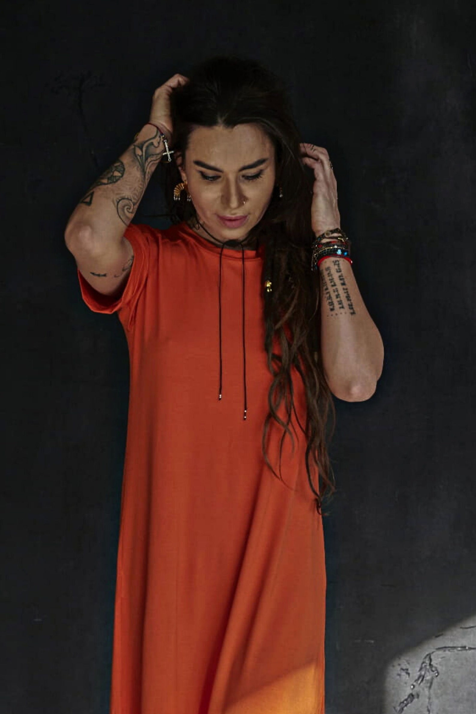 Loungewear Orange Maxi Dress for Women, Simple Tshirt Dress, Capsule