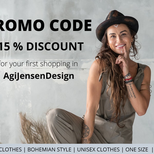 Coupon code for first shopping all products only in Agijensendesign shop Etsy Coupon code 15% discount Boho clothes Bohemian style