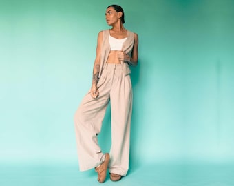 2 piece elegant ecru set with wide leg pants for women | Coastal grandmother cotton pants | Office pants for capsule wardrobe