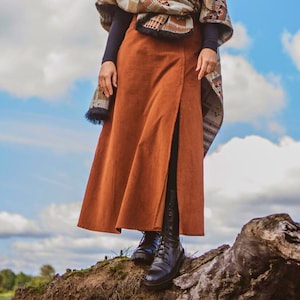 Brown corduroy skirt with high slit - High waisted long corduroy skirt a line - Winter pull on skirt - Hygge style