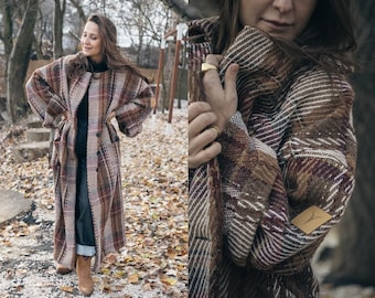 Plaid long wool coat for women | Thick wool coat for winter | Unique loose wool coat with pockets | Single breasted hygge coat