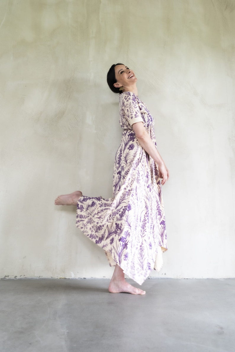 Ecru maxi dress with purple floral motive Cottagecore dress with empire waist Viscose flowy dress for spring 0 US women's numeric