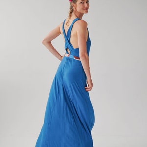Summer blue cross back dress with train Bohemian dress maxi with backless back Festival style dress slow fashion image 2
