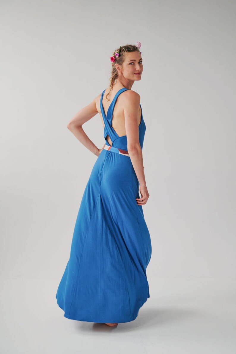 Summer blue cross back dress with train Bohemian dress maxi with backless back Festival style dress slow fashion image 2