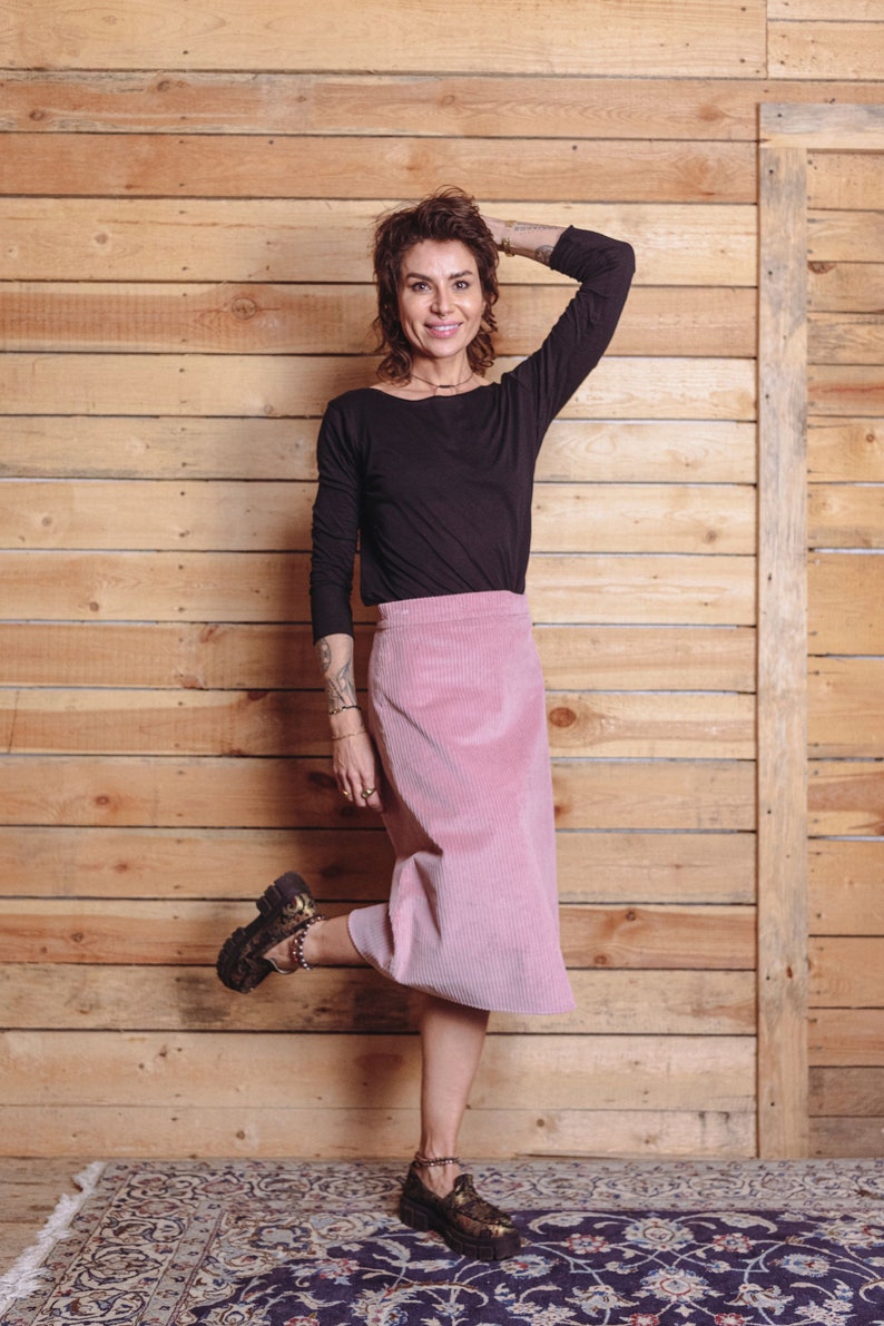 Pastel pink A-line corduroy midi skirt for your capsule wardrobe High waisted modest corduroy skirt for office image 6