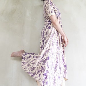 Ecru maxi dress with purple floral motive Cottagecore dress with empire waist Viscose flowy dress for spring image 4