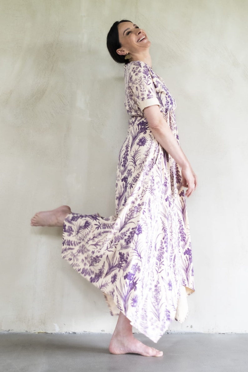 Ecru maxi dress with purple floral motive Cottagecore dress with empire waist Viscose flowy dress for spring image 4