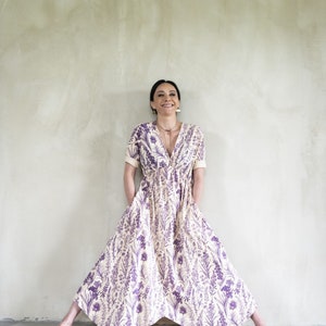 Ecru maxi dress with purple floral motive Cottagecore dress with empire waist Viscose flowy dress for spring image 7