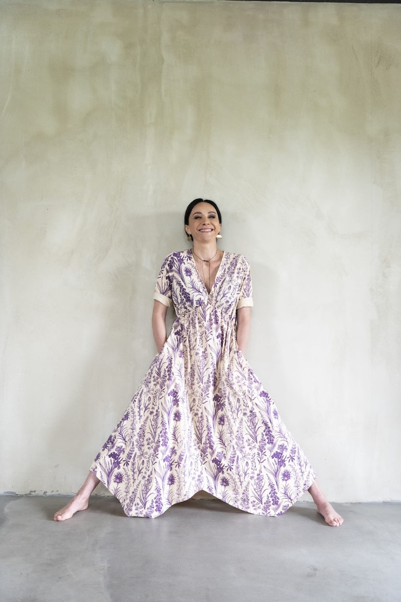 Ecru maxi dress with purple floral motive Cottagecore dress with empire waist Viscose flowy dress for spring image 7