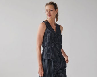 3 piece suit set women with pinstripe waistcoat, trousers and blazer | Office clothes menswear style |Navy blue suit set