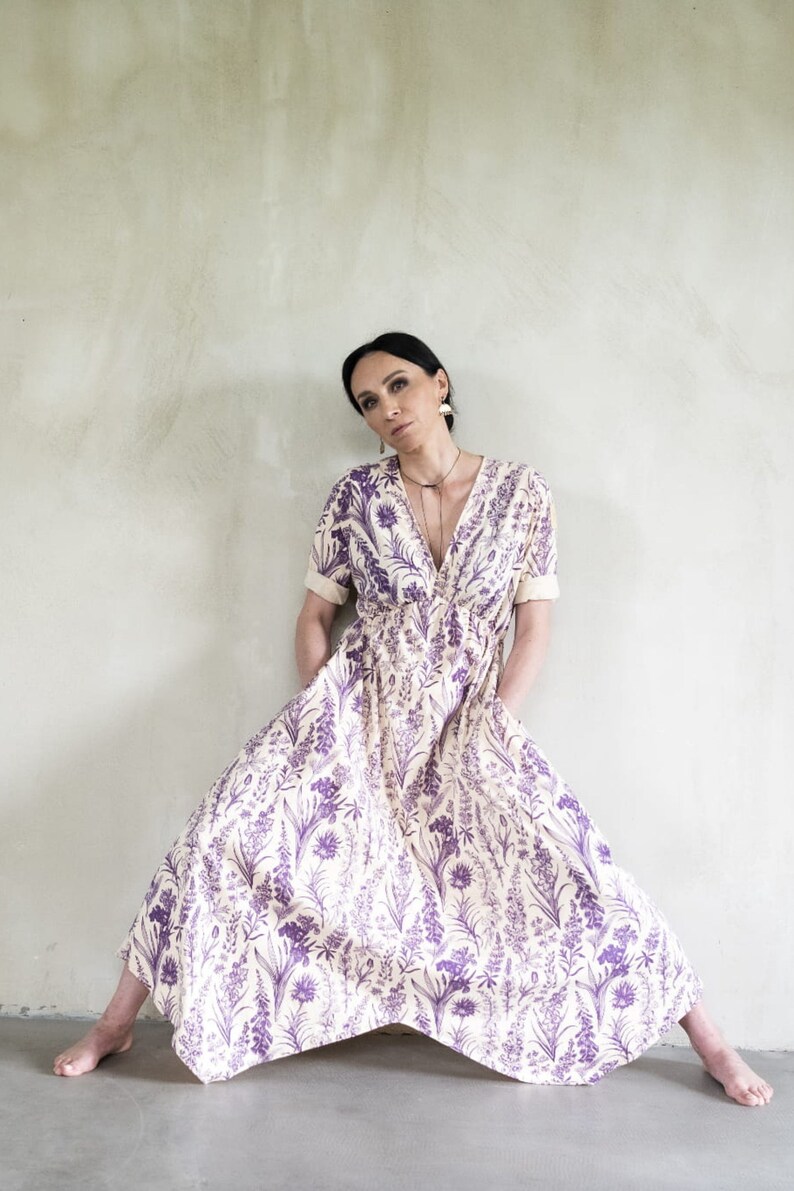 Ecru maxi dress with purple floral motive Cottagecore dress with empire waist Viscose flowy dress for spring 6 US women's numeric