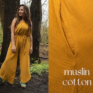 Spring 70s style yellow mustard wide leg jumpsuit | Capsule wardrobe | Muslin jumpsuit for spring and summer time | Slow fashion