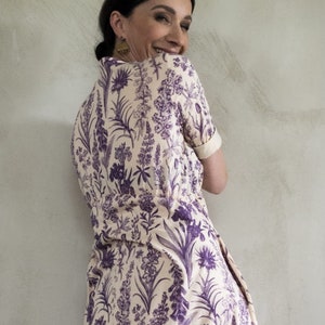 Ecru maxi dress with purple floral motive Cottagecore dress with empire waist Viscose flowy dress for spring image 6