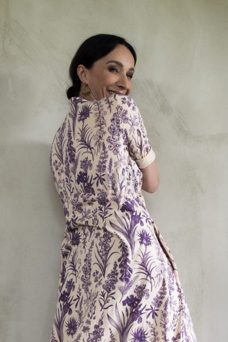 Ecru maxi dress with purple floral motive Cottagecore dress with empire waist Viscose flowy dress for spring image 6