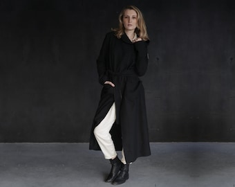 Grunge black wool ripped coat with belt - Alternative winter wrap wool coat for women - 90s style wool loose coat