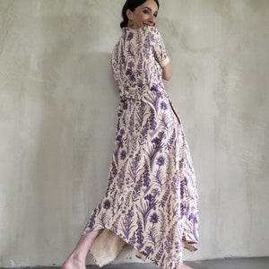 Ecru maxi dress with purple floral motive Cottagecore dress with empire waist Viscose flowy dress for spring 2 US women's numeric