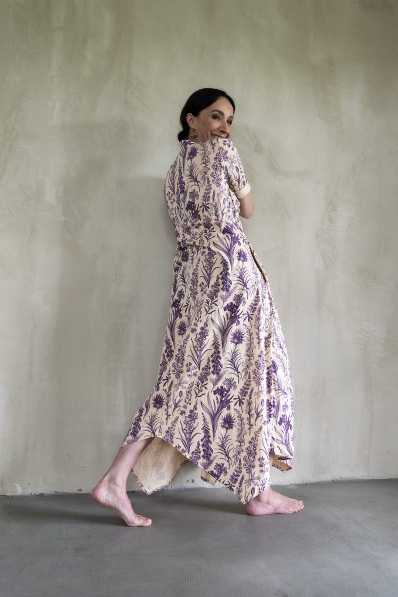 Ecru maxi dress with purple floral motive Cottagecore dress with empire waist Viscose flowy dress for spring 2 US women's numeric