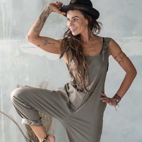 Khaki wide dungarees with pockets, Bohemian clothes, Boho overalls, Dungarees women, Cotton dungarees, Hippie dungarees / AgiJensenDesign