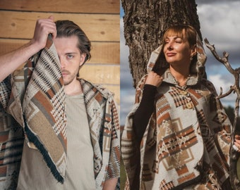 Gender neutral ethnic wool poncho with hood | Unisex wool shawl wrap | Mexican wool poncho | Aztec wool poncho | Hygge