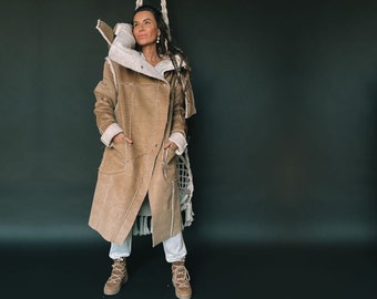 Corduroy long eco sheepskin coat - Beige & Ecru - Hooded winter jacket with pockets - Hygge style - Limited edition