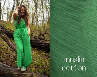 Breezy bliss: 70s-inspired muslin jumpsuit for women | Capsule Wardrobe | Green sleeveless jumpsuit for spring and summer