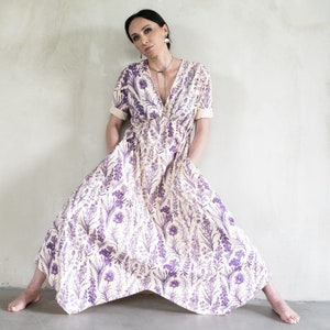 Ecru maxi dress with purple floral motive Cottagecore dress with empire waist Viscose flowy dress for spring image 1