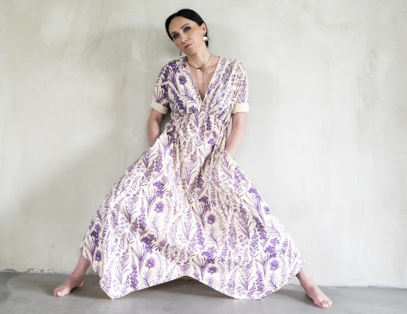 Ecru maxi dress with purple floral motive Cottagecore dress with empire waist Viscose flowy dress for spring image 1