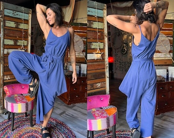 Summer festival jumpsuit for women - Boho jumpsuit women - Blue cotton jumpsuit wide leg - Lounge sleeveless jumpsuit