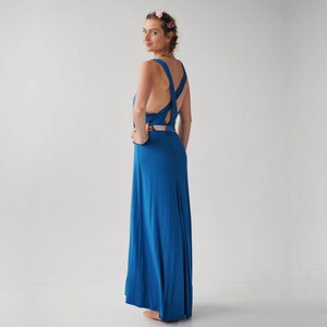 Summer blue cross back dress with train Bohemian dress maxi with backless back Festival style dress slow fashion image 1