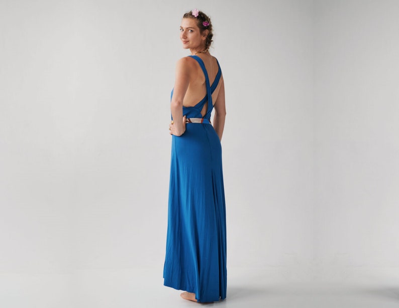 Summer blue cross back dress with train Bohemian dress maxi with backless back Festival style dress slow fashion image 1