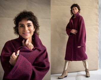 Purple herringbone wool coat women - Box wool coat with wide sleeves - Midi oversize coat with pockets - Winter warm coat